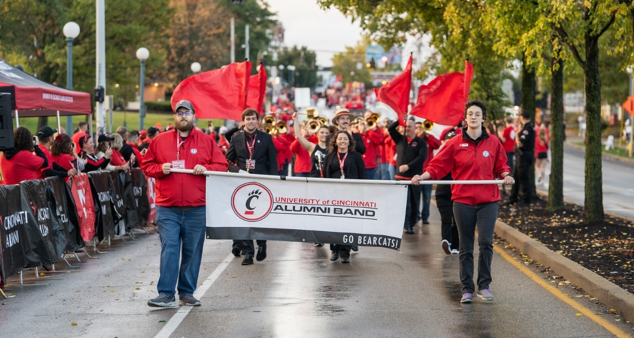 Alumni band members during the Homecoming parade